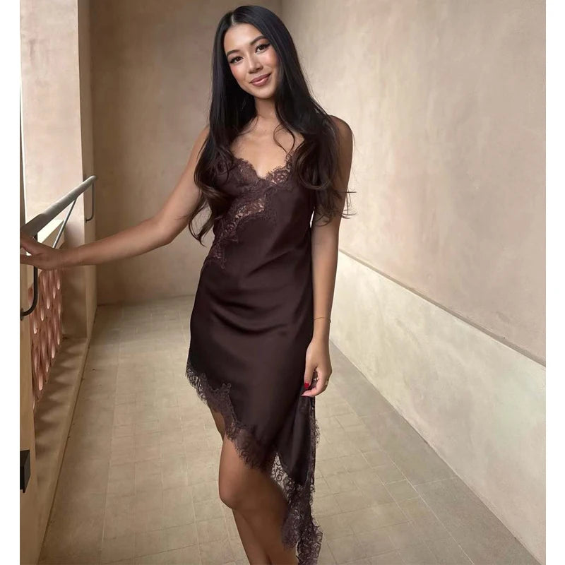 V-Neck Lace Asymmetric Chemise